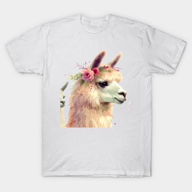 Llama Flower Crown Watercolor Painting Alpaca Graphic Art White Background T-Shirt by Star Fragment Designs